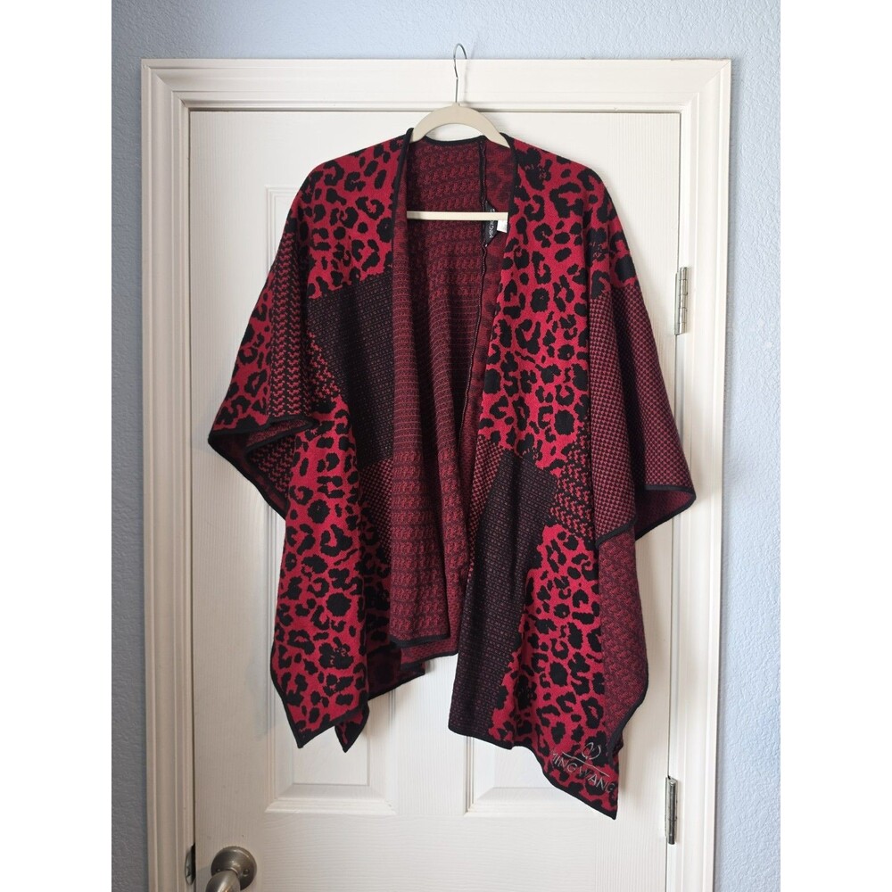 Ming Wang Red Black Leopard Print Knit Hope Wrap Ruana Sweater Shawl One Size